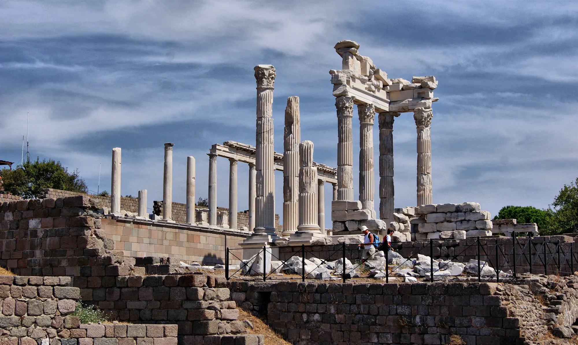 Ancient temple columns on the Acropolis of Pergamum overlooking the valley
