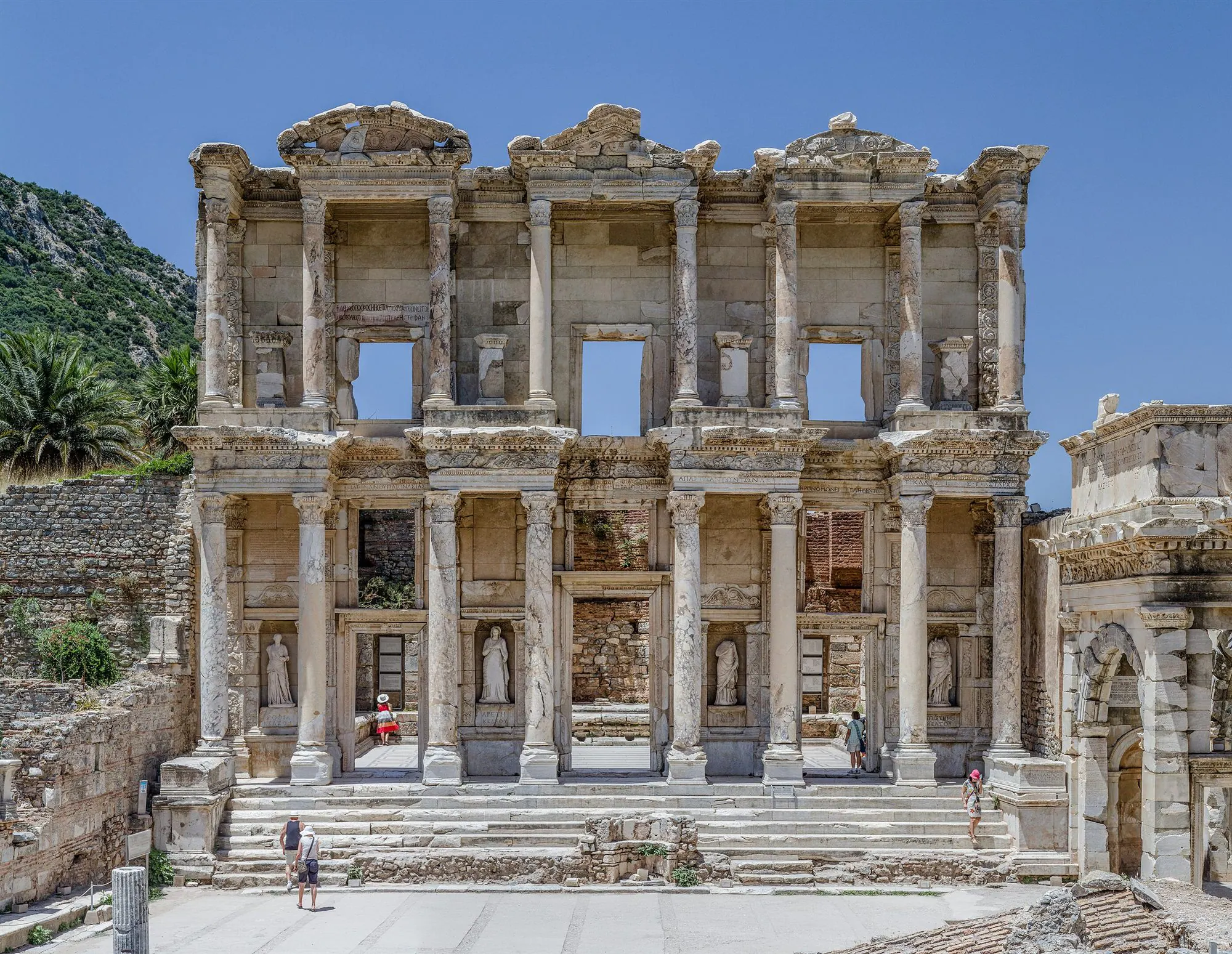 The monumental facade of the Library of Celsus at ancient Ephesus in western Türkiye