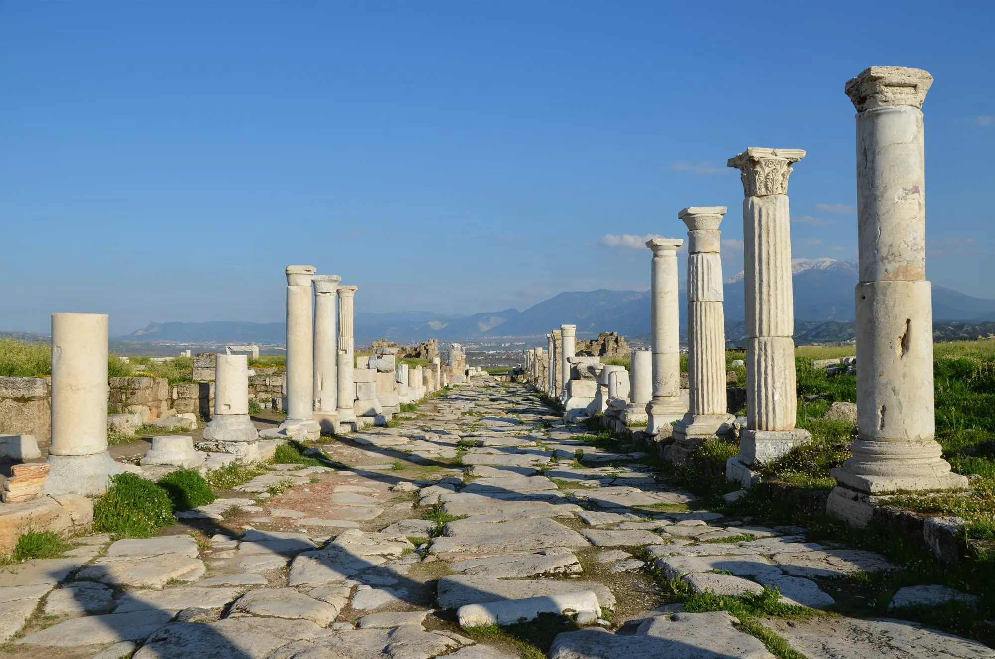 Colonnaded street and ancient sanctuary ruins at Laodicea in Türkiye